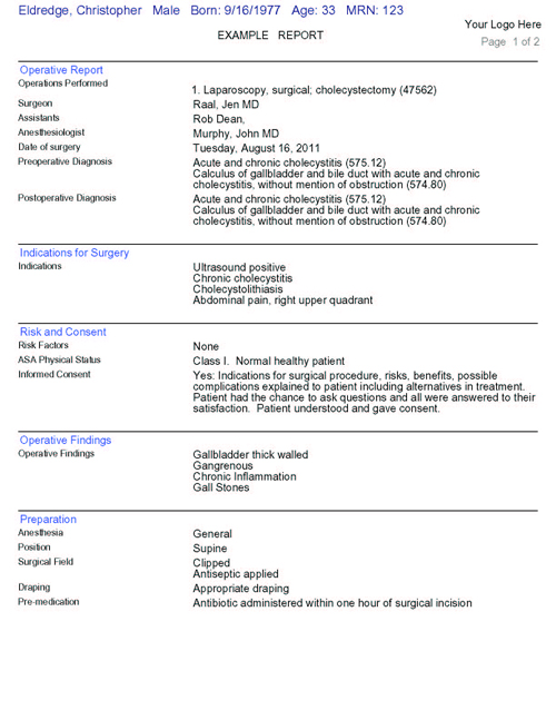 Example of postoperative report created with OpNote