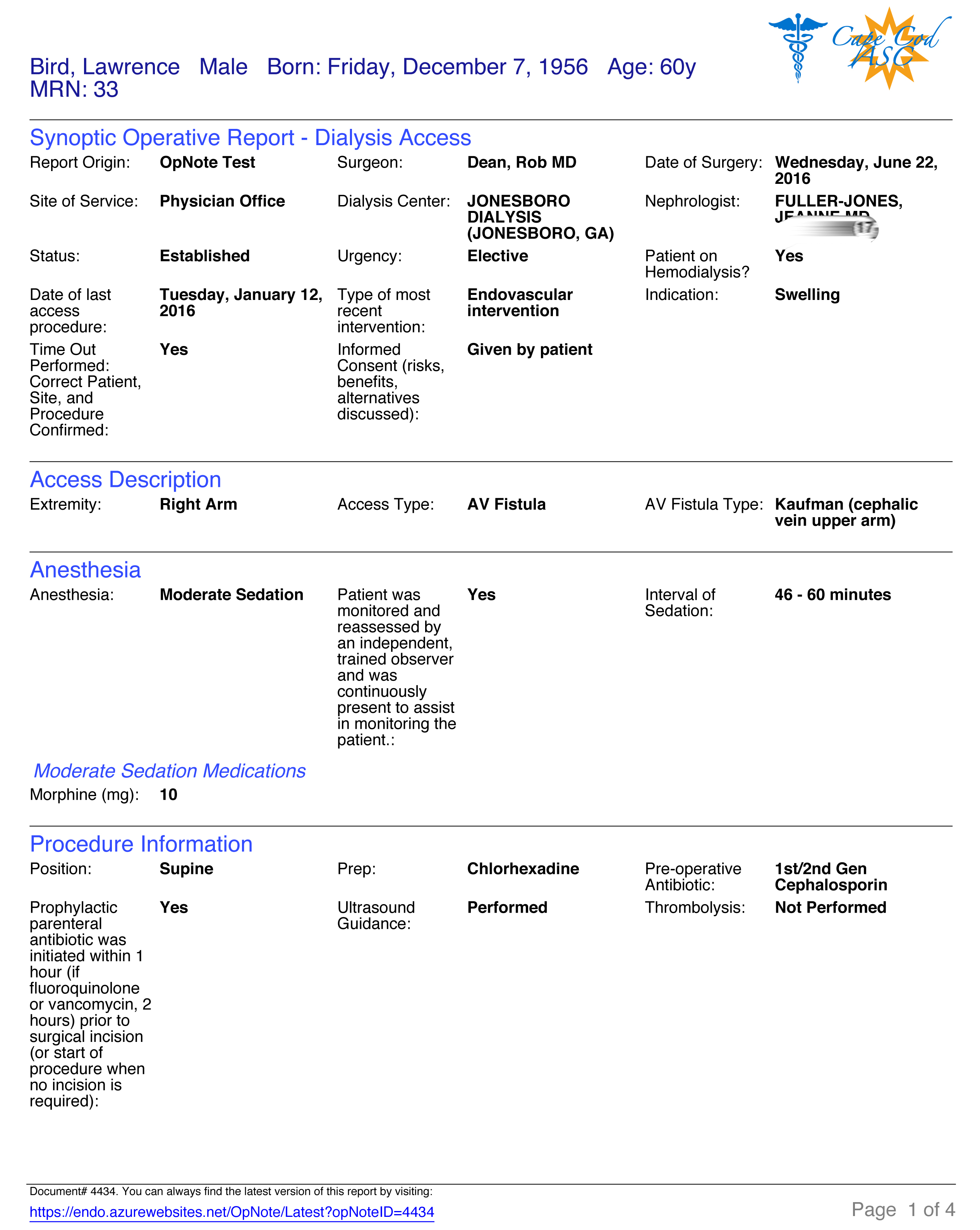 Example of postoperative report created with OpNote