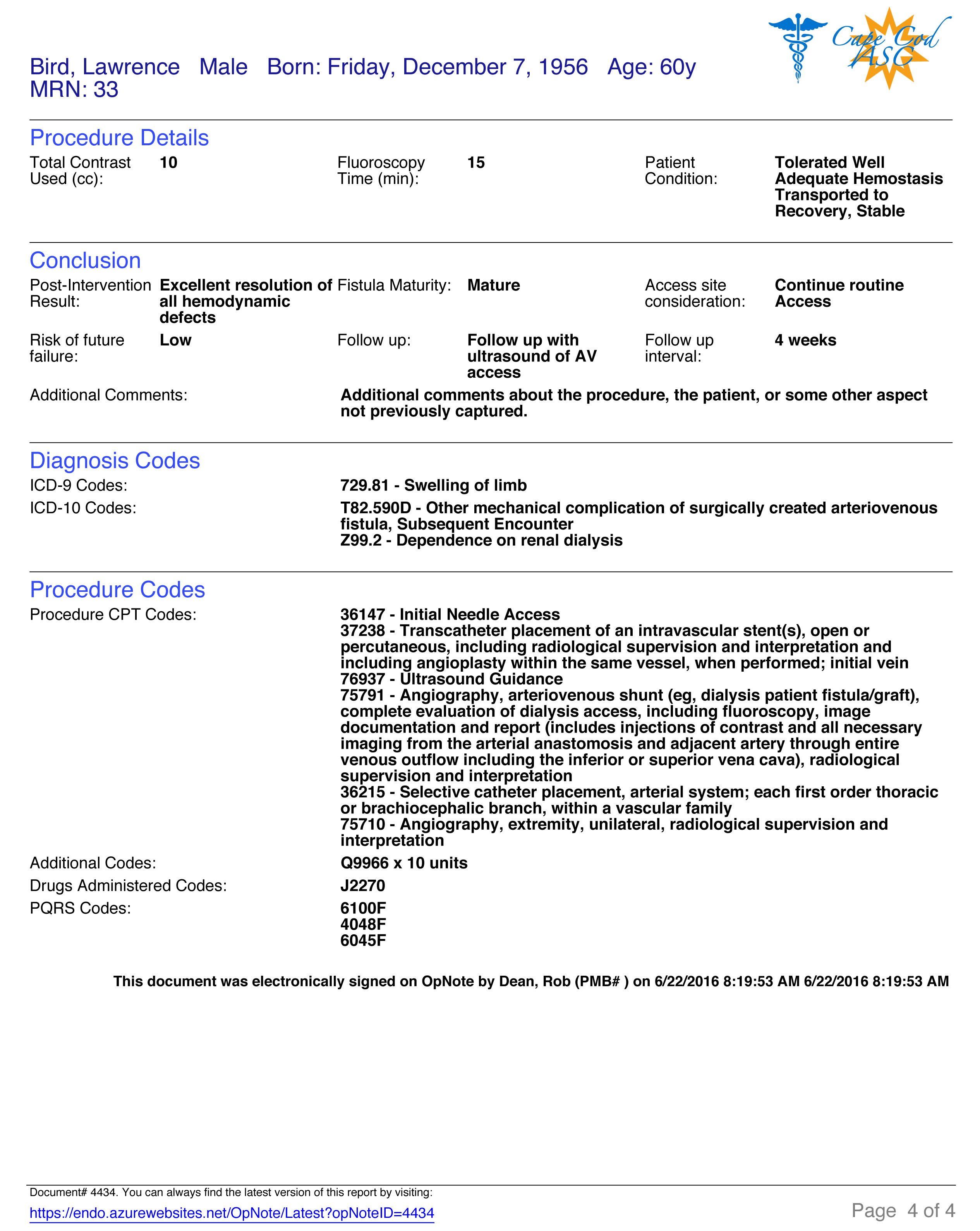 Example of postoperative report created with OpNote